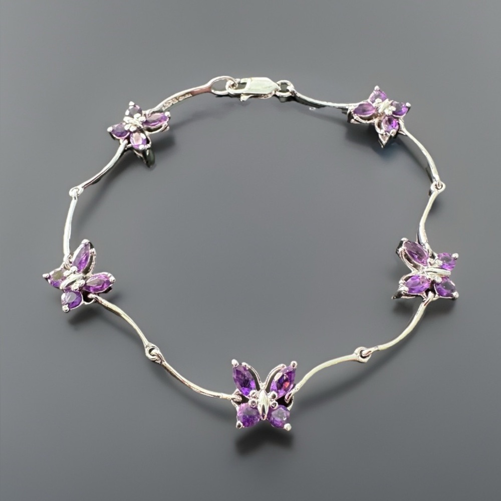 925 Silver & Purple Amethyst Crystal Butterfly Curved Link Bracelet